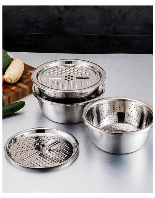 Load image into Gallery viewer, KitchenPro 3-in-1 Stainless Steel Drain Basket – Multifunctional Colander, Vegetable Slicer &amp; Grater for Effortless Food Prep
