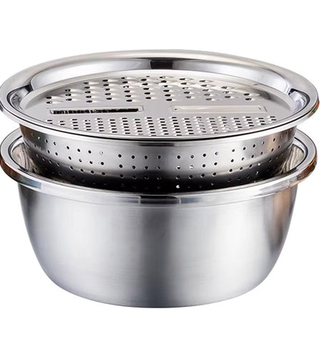 KitchenPro 3-in-1 Stainless Steel Drain Basket – Multifunctional Colander, Vegetable Slicer & Grater for Effortless Food Prep