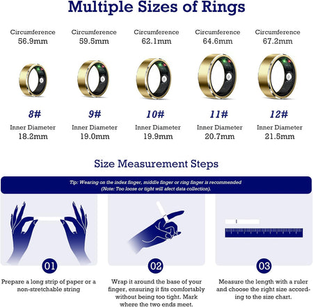 Smart Ring Health Tracker, Sleep Tracker Ring with Heart Rate, Waterproof Fitness Ring for Activity Monitoring/Steps/Distance/Calories,Air Gestures,Up to 7-Day Battery,For Ios Android (Light Gold,#12)