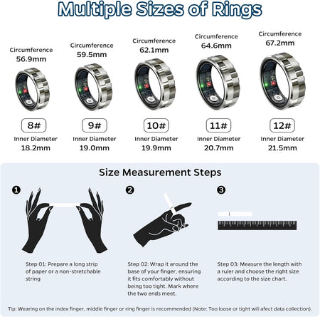 Smart Ring Health Tracker, Sleep Tracker Ring with Heart Rate, Waterproof Fitness Ring for Activity Monitoring/Steps/Distance/Calories,Air Gestures,Up to 7Day Battery,For Ios Android(Stylish Silver#8)